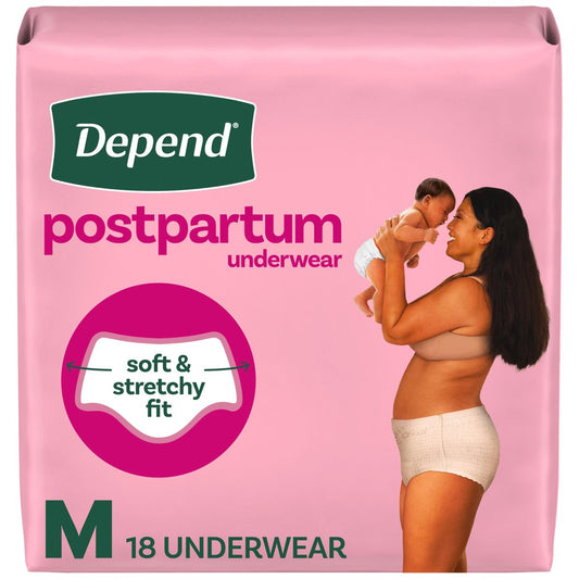 Depend Postpartumschlüpfer für Frauen, Inkontinenzunterwäsche für Erwachsene, maximale Saugfähigkeit, Medium, 18 Stück