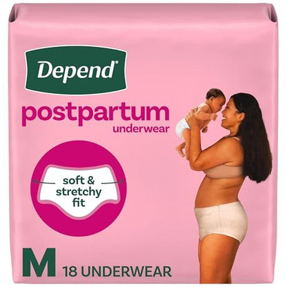 Depend Postpartumschlüpfer für Frauen, Inkontinenzunterwäsche für Erwachsene, maximale Saugfähigkeit, Medium, 18 Stück