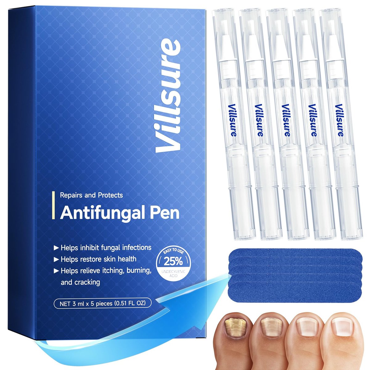 Villsure Nagelpilz Stift - Extra starke Nagelpilzbehandlung mit 25% Undecensäure, Teebaumölen und natürlichen Inhaltsstoffen, mild und nicht reizend - 5 Stifte