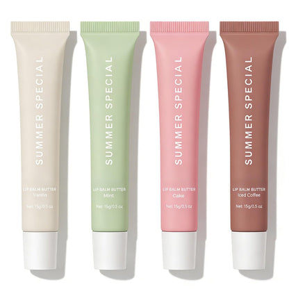 4er-Pack Sommer-Lippenbalsam Butter, Feuchtigkeitsspendend, Pflegend mit Sheabutter & Olivenöl, Leichter Farbton, Sofortige Feuchtigkeit & Beruhigung für trockene Lippen (4 Stück)