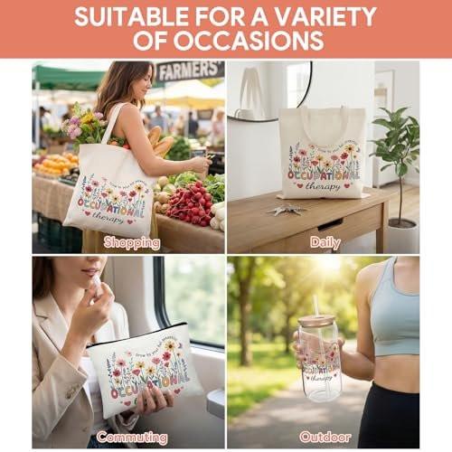 PanJoidys 3-teiliges OT-Geschenkset im Boho-Stil: Physiotherapeuten-Tragetasche mit Kosmetiktasche und Glasbecher, Dankeschön-Geschenk für Frauen zum Geburtstag