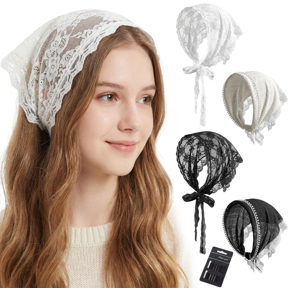 obeoby 4er-Pack Spitzenbandanas Kopftuch für Damen, Weißes Haarband für Hochzeiten, Braut-Stirnband, Frühlings-Sommer-Accessoires