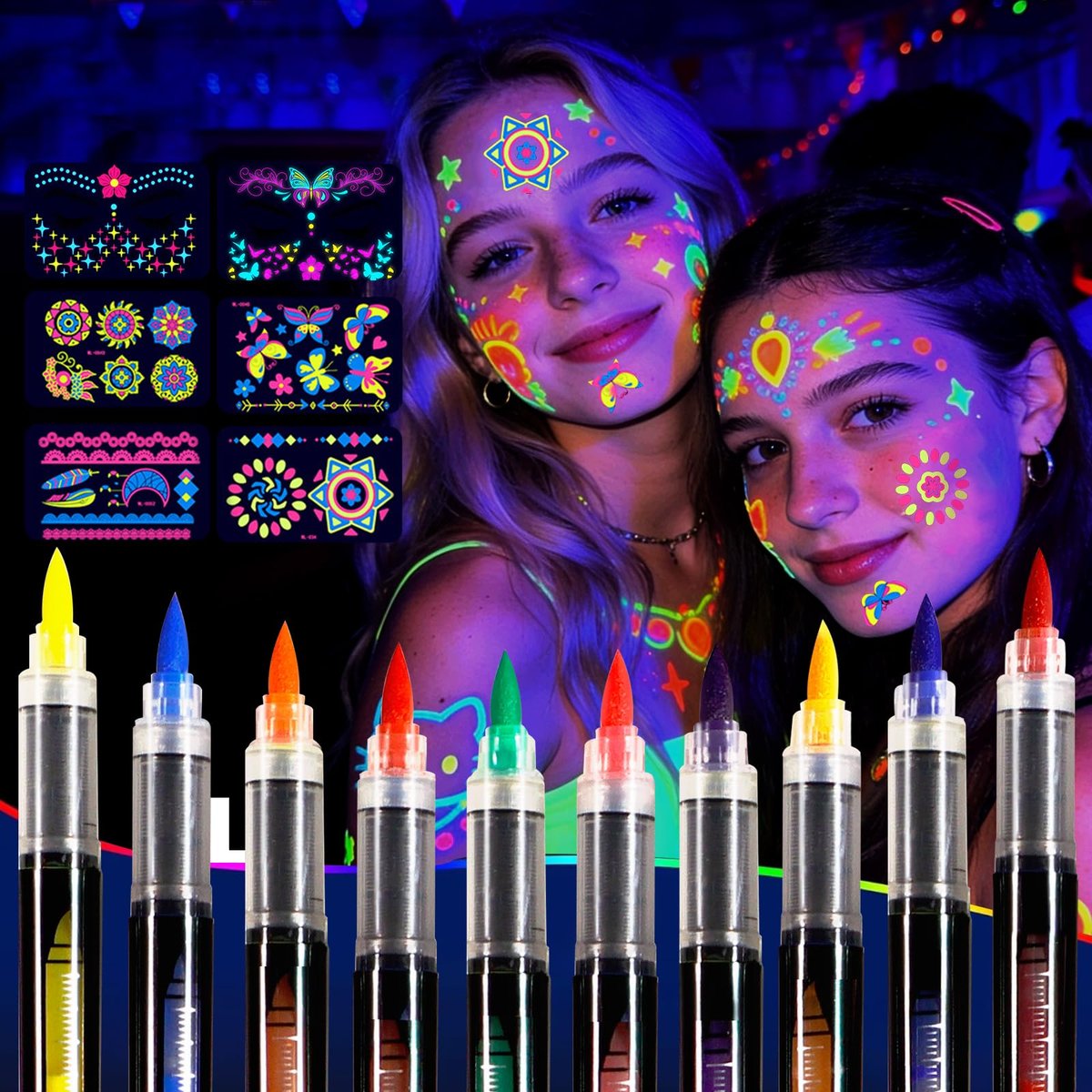 Sovano Glow Party Gesichts- & Körperbemalungsstifte – 10 Neon UV-reaktive Blacklight-Tattoo-Stifte mit fluoreszierenden Aufklebern, wasserbeständig, hautsicher & abwaschbar für Halloween, Raves (Leuchtet unter UV-Licht)