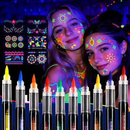 Sovano Glow Party Gesichts- & Körperbemalungsstifte – 10 Neon UV-reaktive Blacklight-Tattoo-Stifte mit fluoreszierenden Aufklebern, wasserbeständig, hautsicher & abwaschbar für Halloween, Raves (Leuchtet unter UV-Licht)