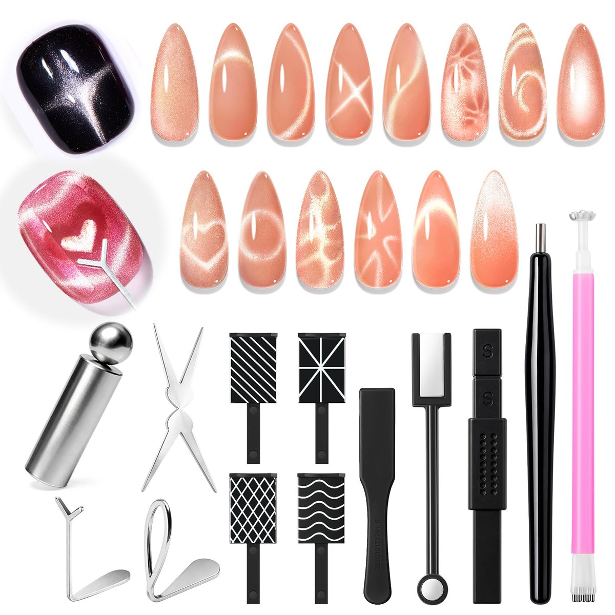AZUREBEAUTY Katzenauge Magnet Nagelkunst Werkzeuge - 14-teiliges Set mit leistungsstarken Cateye Gel-Nagellack Magneten - Herz/French/Black Hole Magnetstäbe für DIY Glas-Effekte
