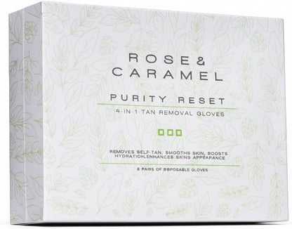 Rose & Caramel Purity Selbstbräuner-Entferner Handschuhe, 4-in-1, entfernt Selbstbräuner, glättet die Haut, verbessert die Hautleistung und das Hautbild (6 Paar Handschuhe)