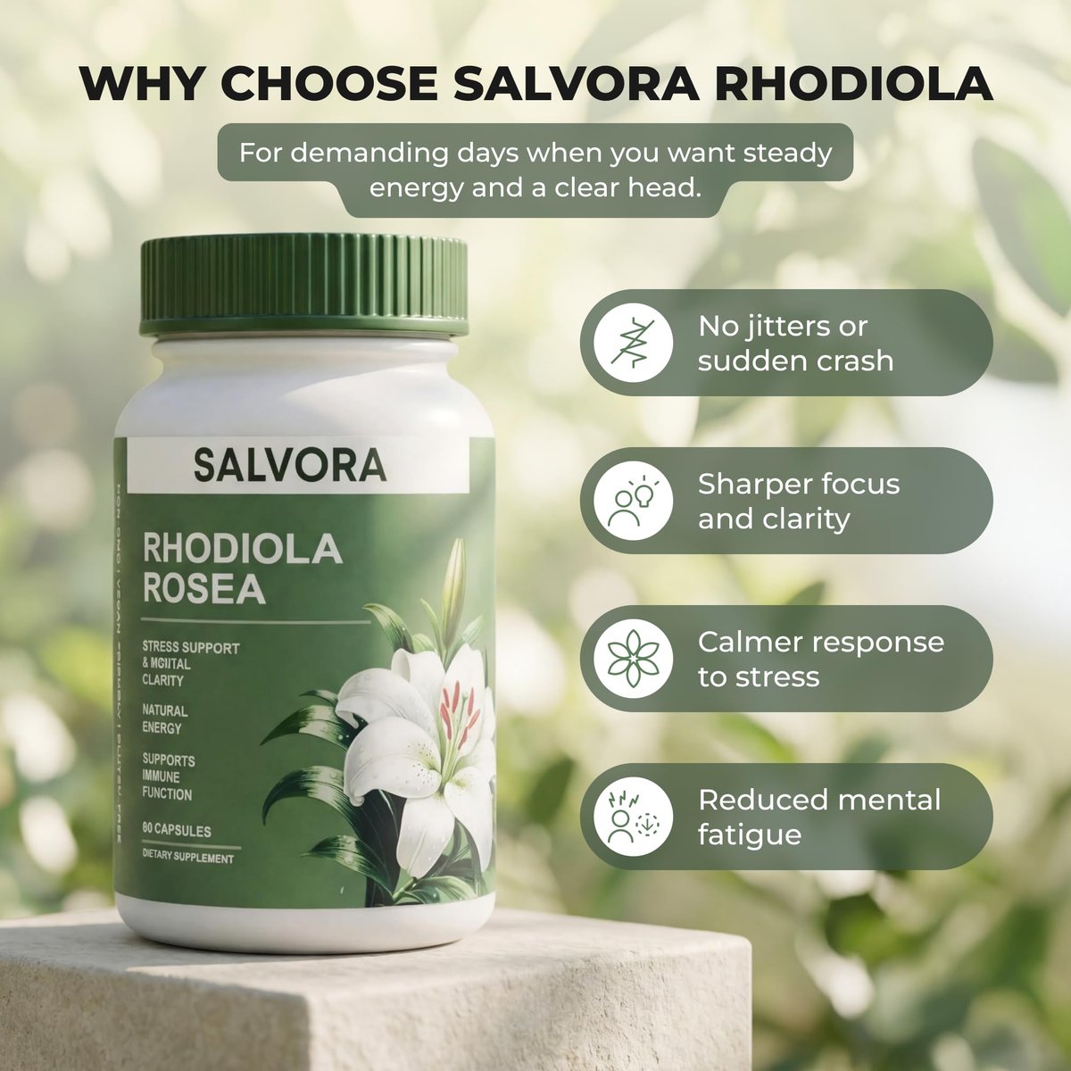 Salvora Rhodiola Rosea Kapseln – Goldene Wurzel Adaptogen – Rhodiola Rosea Extrakt Alternative mit Salidrosid für Stressunterstützung – Energie, Fokus & Leistung