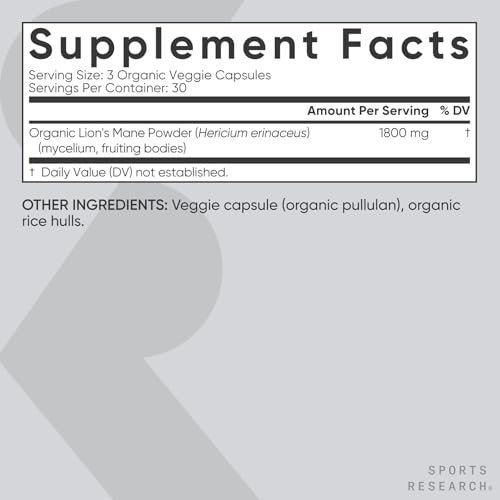 Sports Research® Bio-Löwenmähne 1800mg – Organisches Nahrungsergänzungsmittel für Gehirn, Fokus und kognitive Unterstützung – USDA Bio, Nicht-GVO, Vegan – 90 Kapseln