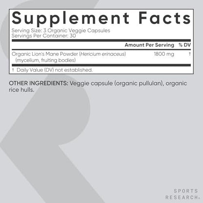 Sports Research® Bio-Löwenmähne 1800mg – Organisches Nahrungsergänzungsmittel für Gehirn, Fokus und kognitive Unterstützung – USDA Bio, Nicht-GVO, Vegan – 90 Kapseln