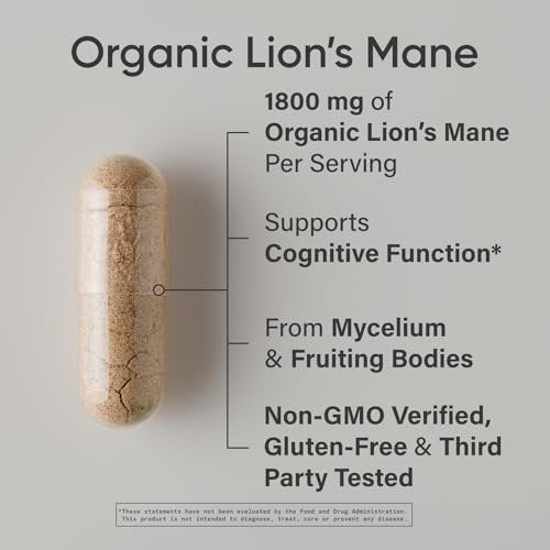 Sports Research® Bio-Löwenmähne 1800mg – Organisches Nahrungsergänzungsmittel für Gehirn, Fokus und kognitive Unterstützung – USDA Bio, Nicht-GVO, Vegan – 90 Kapseln