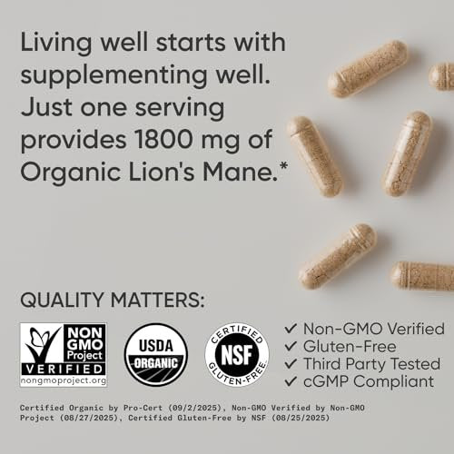 Sports Research® Bio-Löwenmähne 1800mg – Organisches Nahrungsergänzungsmittel für Gehirn, Fokus und kognitive Unterstützung – USDA Bio, Nicht-GVO, Vegan – 90 Kapseln