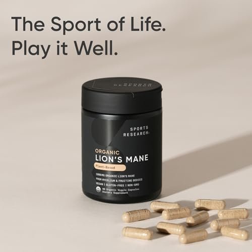 Sports Research® Bio-Löwenmähne 1800mg – Organisches Nahrungsergänzungsmittel für Gehirn, Fokus und kognitive Unterstützung – USDA Bio, Nicht-GVO, Vegan – 90 Kapseln