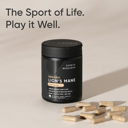 Sports Research® Bio-Löwenmähne 1800mg – Organisches Nahrungsergänzungsmittel für Gehirn, Fokus und kognitive Unterstützung – USDA Bio, Nicht-GVO, Vegan – 90 Kapseln
