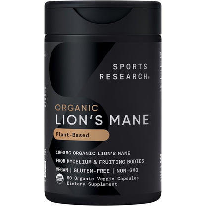 Sports Research® Bio-Löwenmähne 1800mg – Organisches Nahrungsergänzungsmittel für Gehirn, Fokus und kognitive Unterstützung – USDA Bio, Nicht-GVO, Vegan – 90 Kapseln