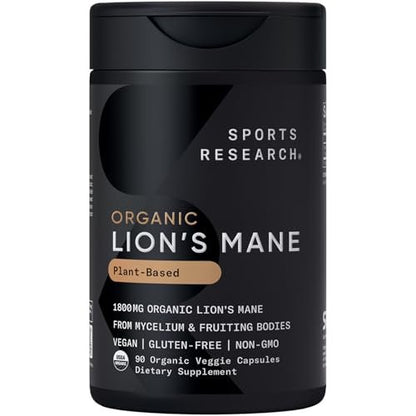 Sports Research® Bio-Löwenmähne 1800mg – Organisches Nahrungsergänzungsmittel für Gehirn, Fokus und kognitive Unterstützung – USDA Bio, Nicht-GVO, Vegan – 90 Kapseln
