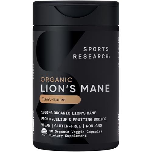 Sports Research® Bio-Löwenmähne 1800mg – Organisches Nahrungsergänzungsmittel für Gehirn, Fokus und kognitive Unterstützung – USDA Bio, Nicht-GVO, Vegan – 90 Kapseln