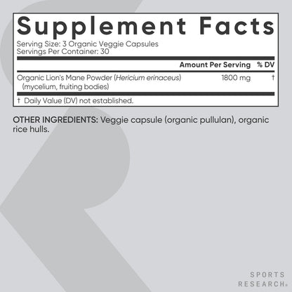 Sports Research® Bio-Löwenmähne 1800mg – Organisches Nahrungsergänzungsmittel für Gehirn, Fokus und kognitive Unterstützung – USDA Bio, Nicht-GVO, Vegan – 90 Kapseln