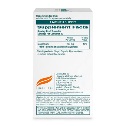 Himalaya Magnesium Glycinat – 60 vegane Kapseln, hoch bioverfügbar, für Muskelfunktion, Knochengesundheit und Entspannung, cheliert, nicht-GVO, glutenfrei, 200 mg pro 2 Kapseln