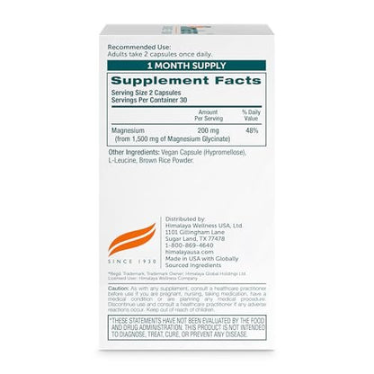 Himalaya Magnesium Glycinat – 60 vegane Kapseln, hoch bioverfügbar, für Muskelfunktion, Knochengesundheit und Entspannung, cheliert, nicht-GVO, glutenfrei, 200 mg pro 2 Kapseln