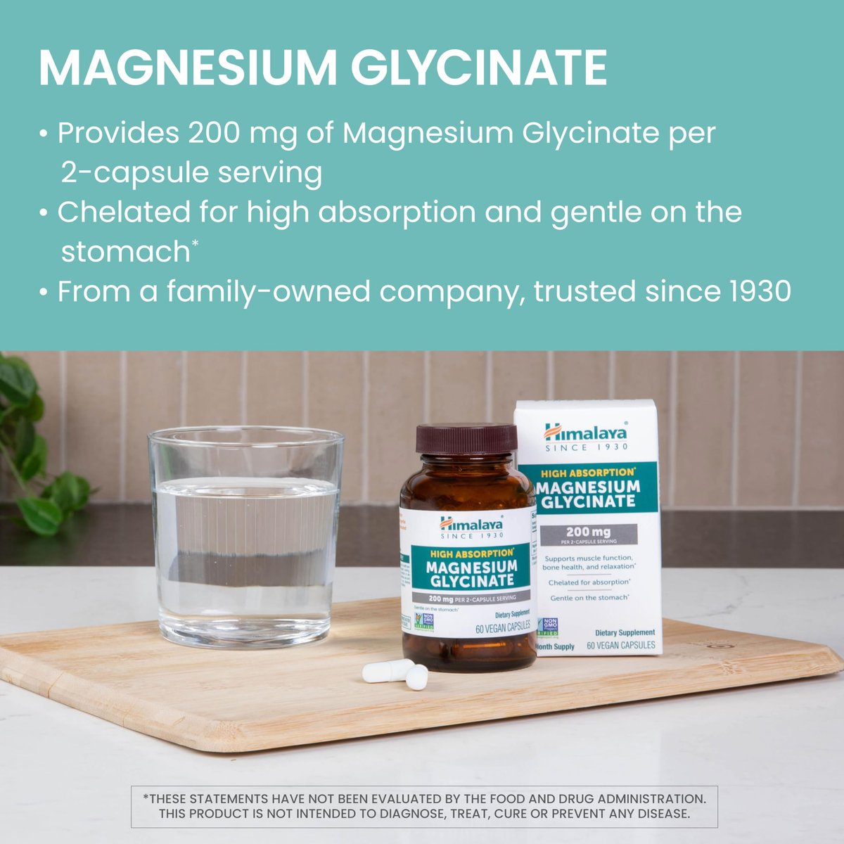 Himalaya Magnesium Glycinat – 60 vegane Kapseln, hoch bioverfügbar, für Muskelfunktion, Knochengesundheit und Entspannung, cheliert, nicht-GVO, glutenfrei, 200 mg pro 2 Kapseln