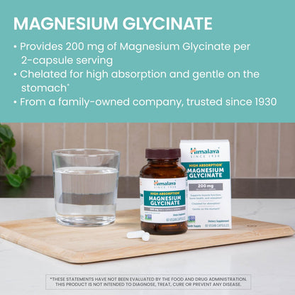 Himalaya Magnesium Glycinat – 60 vegane Kapseln, hoch bioverfügbar, für Muskelfunktion, Knochengesundheit und Entspannung, cheliert, nicht-GVO, glutenfrei, 200 mg pro 2 Kapseln