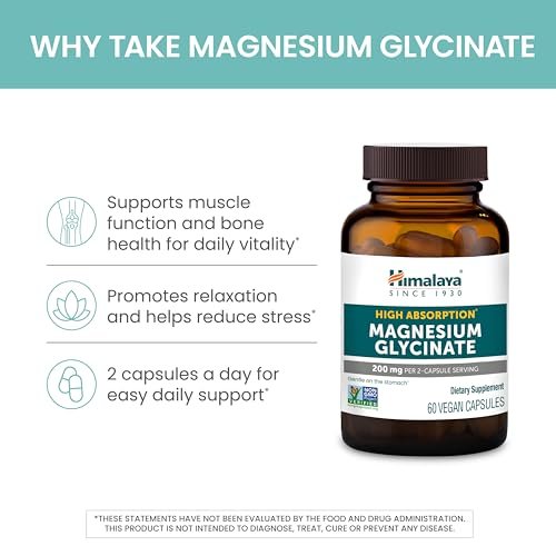 Himalaya Magnesium Glycinat – 60 vegane Kapseln, hoch bioverfügbar, für Muskelfunktion, Knochengesundheit und Entspannung, cheliert, nicht-GVO, glutenfrei, 200 mg pro 2 Kapseln
