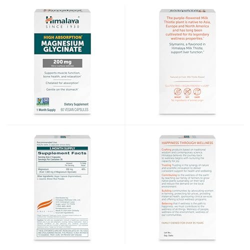 Himalaya Magnesium Glycinat – 60 vegane Kapseln, hoch bioverfügbar, für Muskelfunktion, Knochengesundheit und Entspannung, cheliert, nicht-GVO, glutenfrei, 200 mg pro 2 Kapseln