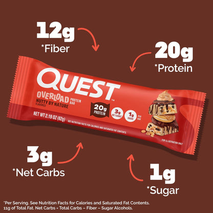Quest Nutrition Overload Protein Riegel, Natürlicher Nussgeschmack, 20g Protein, 1g Zucker, 3g Netto-Kohlenhydrate, Glutenfrei, 12er Pack