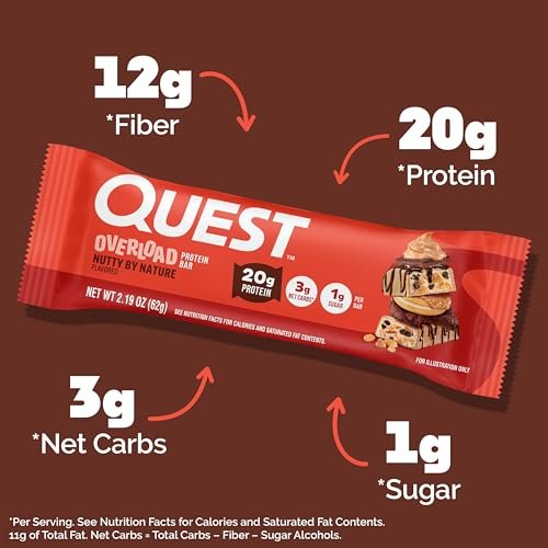 Quest Nutrition Overload Protein Riegel, Natürlicher Nussgeschmack, 20g Protein, 1g Zucker, 3g Netto-Kohlenhydrate, Glutenfrei, 12er Pack