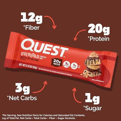 Quest Nutrition Overload Protein Riegel, Natürlicher Nussgeschmack, 20g Protein, 1g Zucker, 3g Netto-Kohlenhydrate, Glutenfrei, 12er Pack