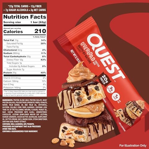 Quest Nutrition Overload Protein Riegel, Natürlicher Nussgeschmack, 20g Protein, 1g Zucker, 3g Netto-Kohlenhydrate, Glutenfrei, 12er Pack