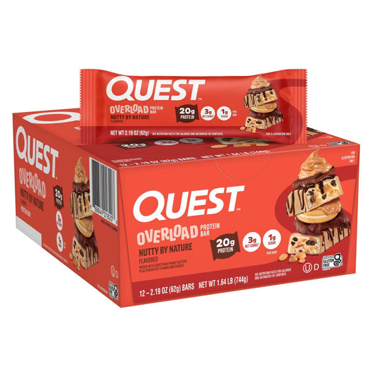 Quest Nutrition Overload Protein Riegel, Natürlicher Nussgeschmack, 20g Protein, 1g Zucker, 3g Netto-Kohlenhydrate, Glutenfrei, 12er Pack