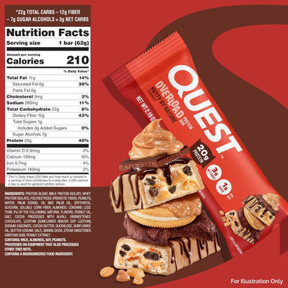 Quest Nutrition Overload Protein Riegel, Natürlicher Nussgeschmack, 20g Protein, 1g Zucker, 3g Netto-Kohlenhydrate, Glutenfrei, 12er Pack