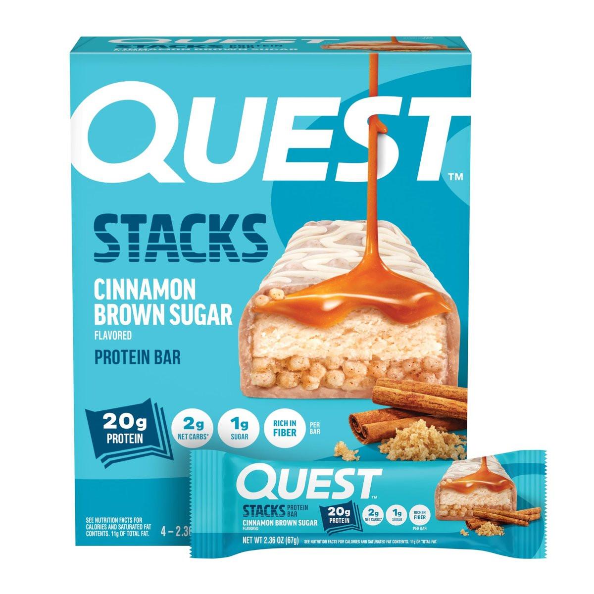 Quest Nutrition Stacks Proteinriegel, Zimt & Brauner Zucker, 20 g Protein, 2 g Netto-Kohlenhydrate, 1 g Zucker, Ballaststoffreich, Zuckerarm, Glutenfrei, 4er-Pack