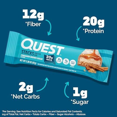Quest Nutrition Stacks Proteinriegel, Zimt & Brauner Zucker, 20 g Protein, 2 g Netto-Kohlenhydrate, 1 g Zucker, Ballaststoffreich, Zuckerarm, Glutenfrei, 4er-Pack