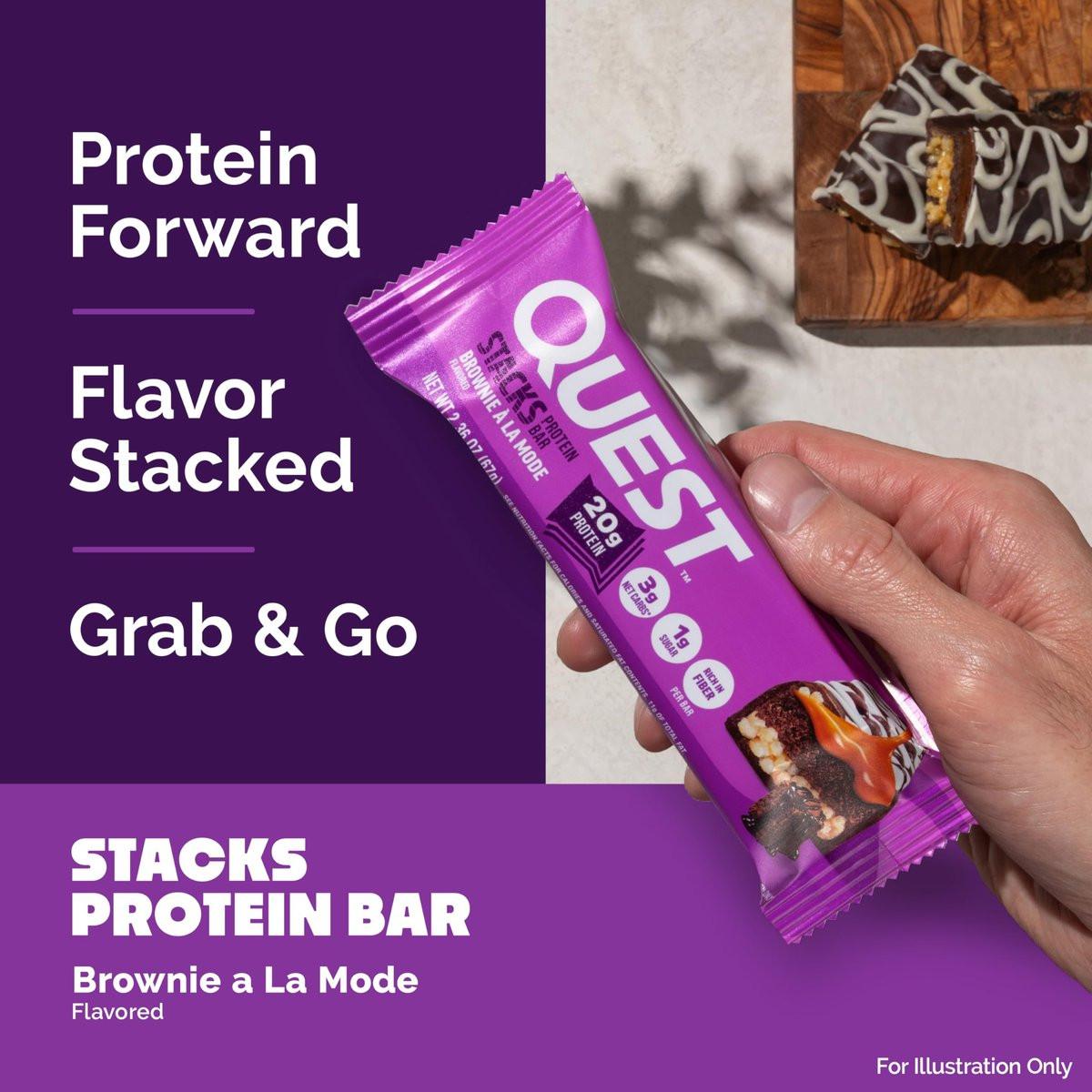 Quest Nutrition Stacks Protein Riegel, Brownie a la Mode Geschmack, 20g Protein, 3g Netto-Kohlenhydrate, 1g Zucker, Ballaststoffreich, Zuckerarm, Glutenfrei, 4er Pack