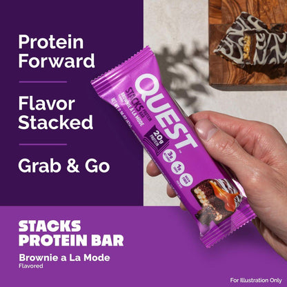 Quest Nutrition Stacks Protein Riegel, Brownie a la Mode Geschmack, 20g Protein, 3g Netto-Kohlenhydrate, 1g Zucker, Ballaststoffreich, Zuckerarm, Glutenfrei, 4er Pack