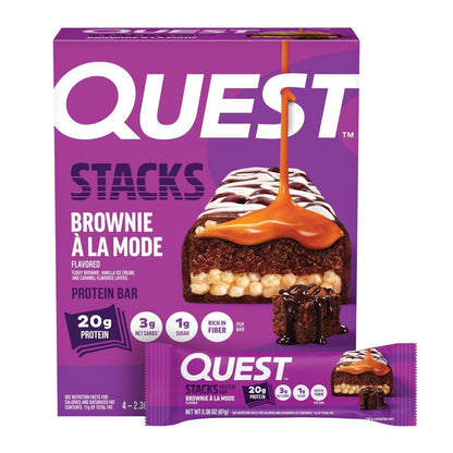 Quest Nutrition Stacks Protein Riegel, Brownie a la Mode Geschmack, 20g Protein, 3g Netto-Kohlenhydrate, 1g Zucker, Ballaststoffreich, Zuckerarm, Glutenfrei, 4er Pack