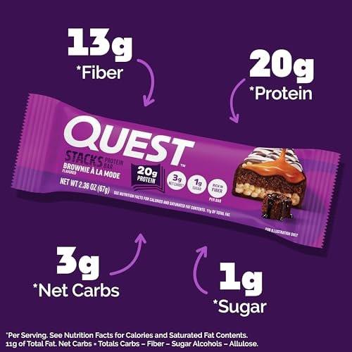 Quest Nutrition Stacks Protein Riegel, Brownie a la Mode Geschmack, 20g Protein, 3g Netto-Kohlenhydrate, 1g Zucker, Ballaststoffreich, Zuckerarm, Glutenfrei, 4er Pack