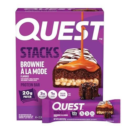 Quest Nutrition Stacks Protein Riegel, Brownie a la Mode Geschmack, 20g Protein, 3g Netto-Kohlenhydrate, 1g Zucker, Ballaststoffreich, Zuckerarm, Glutenfrei, 4er Pack