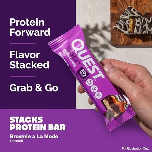 Quest Nutrition Stacks Protein Riegel, Brownie a la Mode Geschmack, 20g Protein, 3g Netto-Kohlenhydrate, 1g Zucker, Ballaststoffreich, Zuckerarm, Glutenfrei, 4er Pack