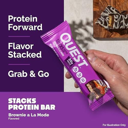 Quest Nutrition Stacks Protein Riegel, Brownie a la Mode Geschmack, 20g Protein, 3g Netto-Kohlenhydrate, 1g Zucker, Ballaststoffreich, Zuckerarm, Glutenfrei, 4er Pack