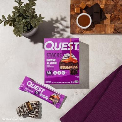 Quest Nutrition Stacks Protein Riegel, Brownie a la Mode Geschmack, 20g Protein, 3g Netto-Kohlenhydrate, 1g Zucker, Ballaststoffreich, Zuckerarm, Glutenfrei, 4er Pack