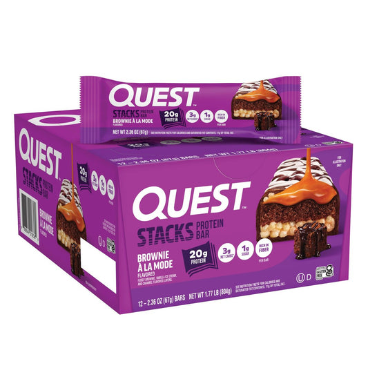 Quest Nutrition Stacks Proteinriegel, Brownie a la Mode Geschmack, 20g Protein, 3g Netto-Kohlenhydrate, 1g Zucker, Ballaststoffreich, Zuckerarm, Glutenfrei, 12er Pack