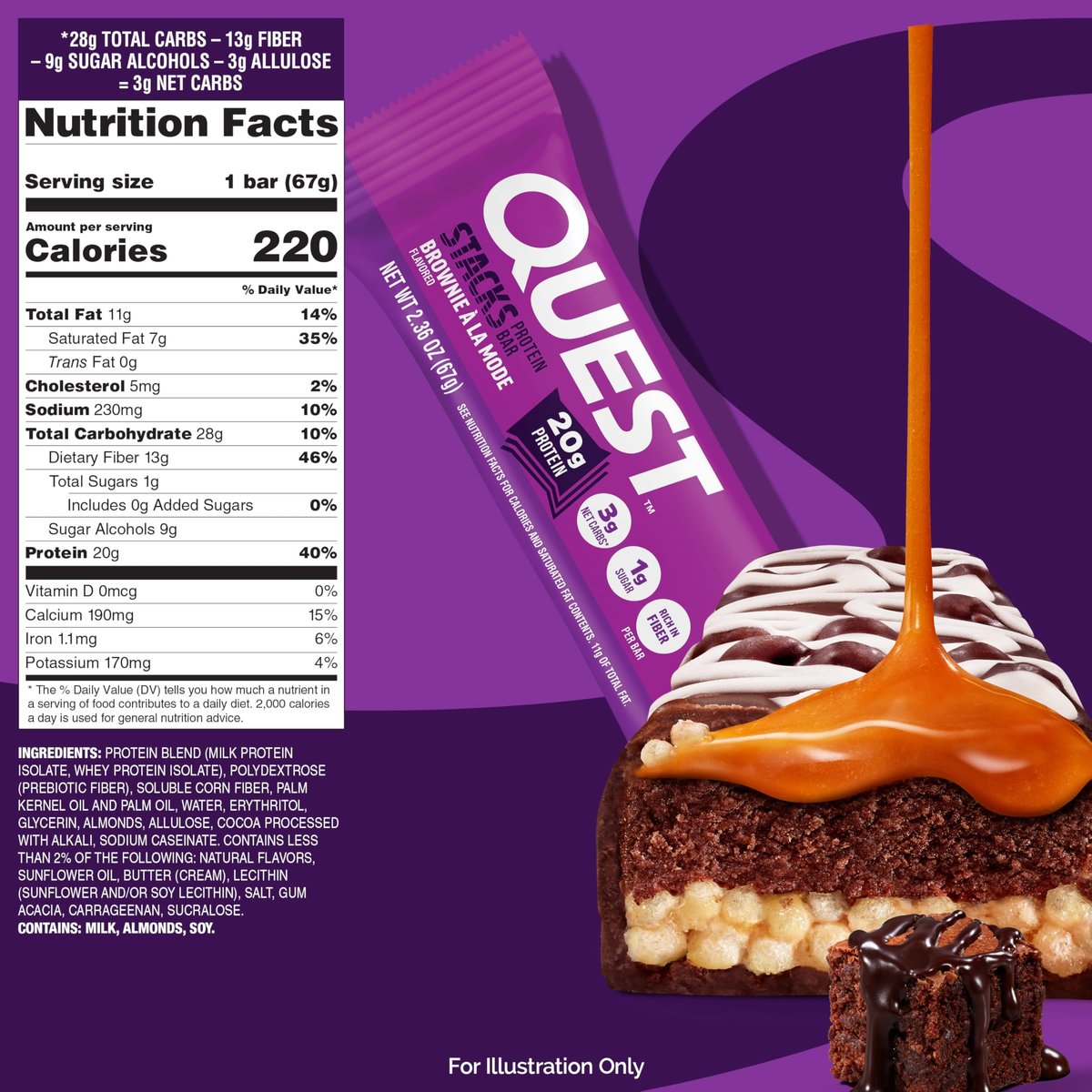 Quest Nutrition Stacks Proteinriegel, Brownie a la Mode Geschmack, 20g Protein, 3g Netto-Kohlenhydrate, 1g Zucker, Ballaststoffreich, Zuckerarm, Glutenfrei, 12er Pack