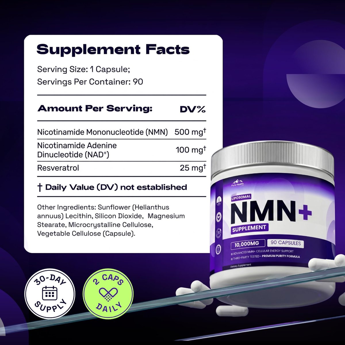 PURE HEALTH MAX NMN Nahrungsergänzungsmittel mit NAD+ und Resveratrol – NMNH-Alternative | NAD-Liposomale Kapseln für Männer und Frauen – Unterstützt die Zellenergie | 90 Kapseln, 3 Monate Vorrat