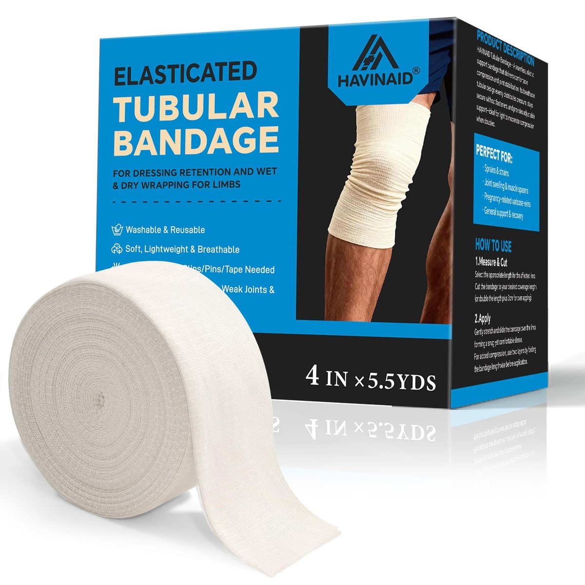 HAVINAID Latex-freie elastische Tubularstützbandage mit Trikotstoff, atmungsaktive Tubularkompressionshülse für Gelenk- und Gewebeunterstützung an Armen, Knien, Beinen (4" x 5,5 Yards) Größe F