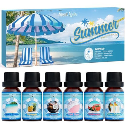 Soulorigin Sommer Ätherische Öle Set, Duftöl Geschenkset für Diffusoren, Duftöle für Seifen- und Kerzenherstellung 6x10ml – Meeresbrise, Ananas, Wassermelone, Kokosnuss, Pink Beach und Piña Colada