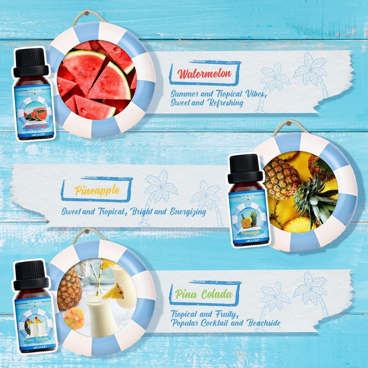Soulorigin Sommer Ätherische Öle Set, Duftöl Geschenkset für Diffusoren, Duftöle für Seifen- und Kerzenherstellung 6x10ml – Meeresbrise, Ananas, Wassermelone, Kokosnuss, Pink Beach und Piña Colada