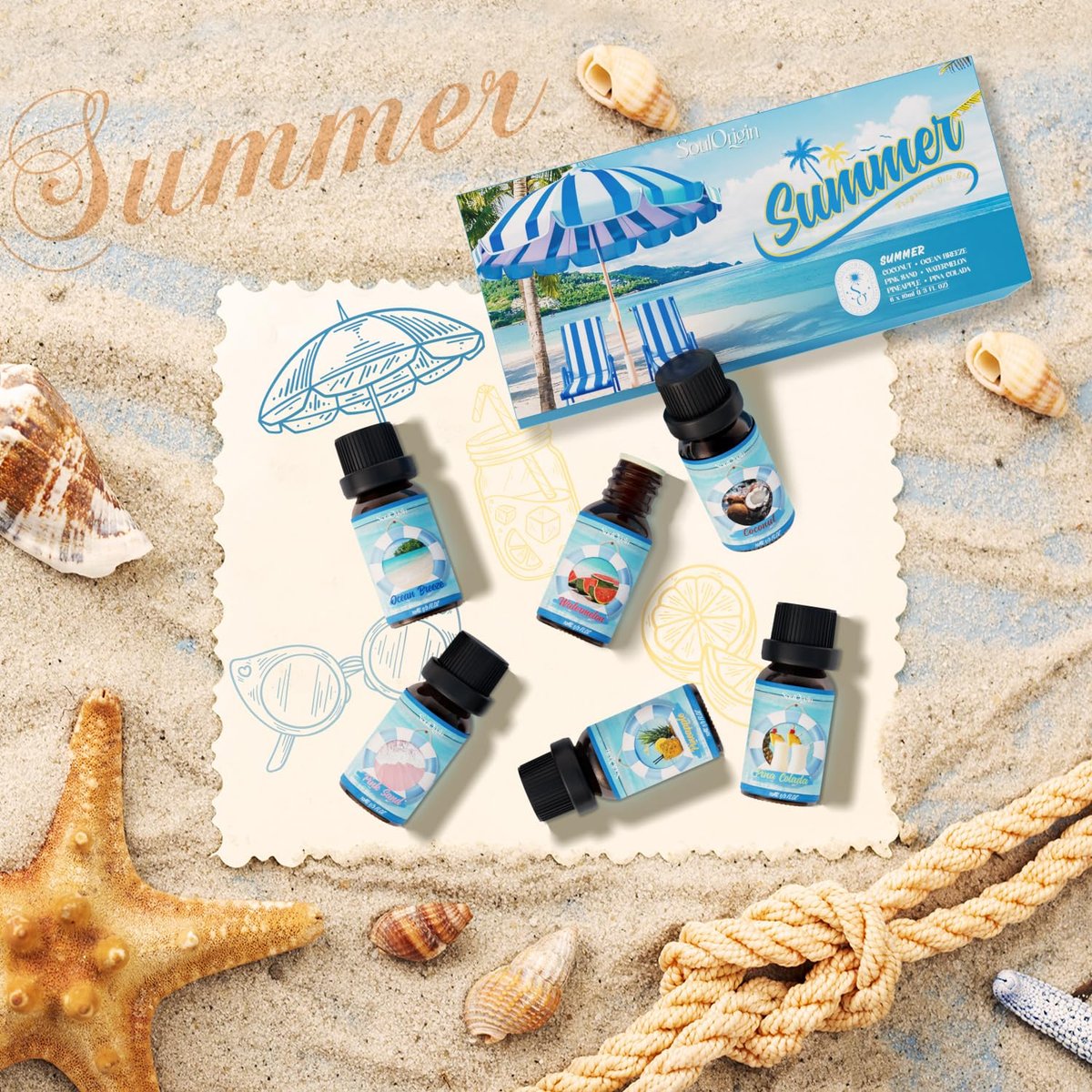 Soulorigin Sommer Ätherische Öle Set, Duftöl Geschenkset für Diffusoren, Duftöle für Seifen- und Kerzenherstellung 6x10ml – Meeresbrise, Ananas, Wassermelone, Kokosnuss, Pink Beach und Piña Colada